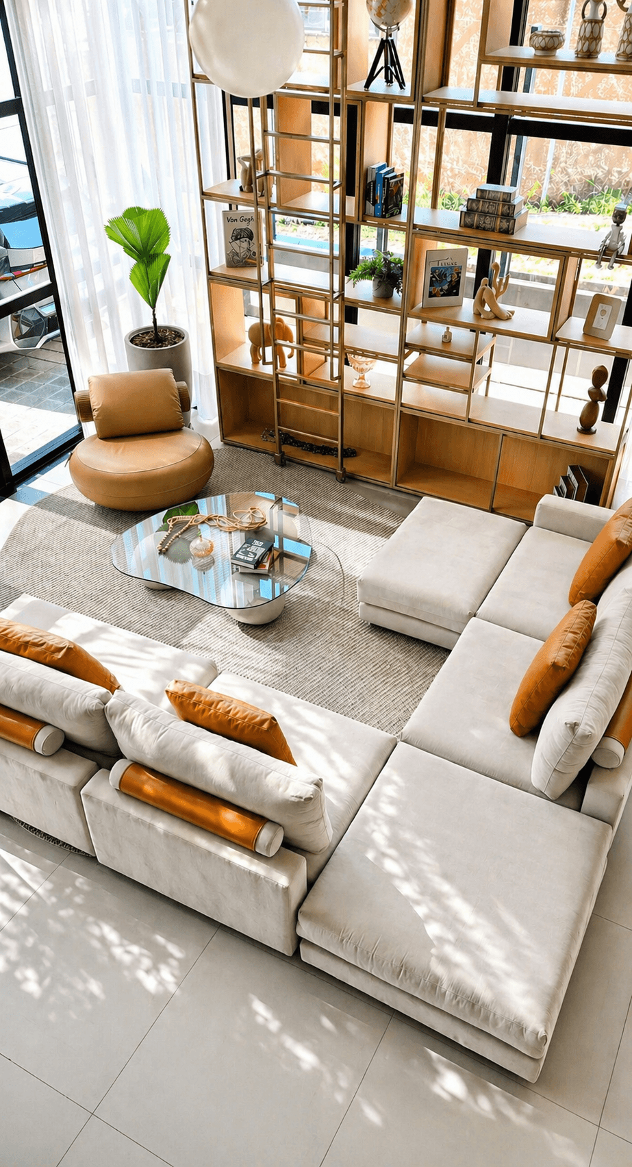 Living completo com estante planejada e mobiliário selecionado